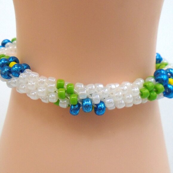 KUMIHIMO TEAL WHITE BEADED BRACELET Teal Blue Floral Woven Bracelet Handmade - Picture 3 of 3